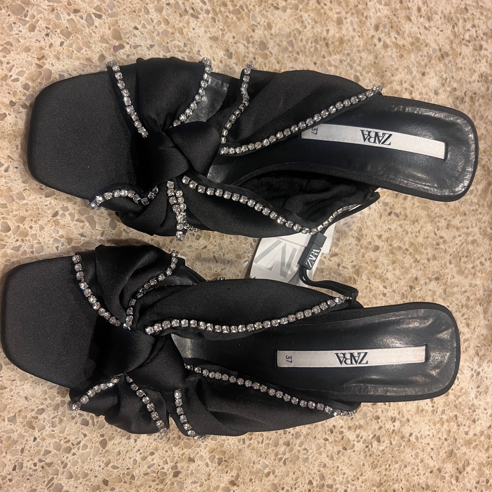 Zara Black Satin Mules with Silver Embellishments